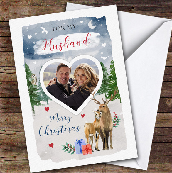 Husband Couple Deer Winter Tree Scene Photo Personalised Christmas Card