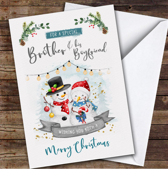 Brother & His Boyfriend Christmas Snowman Couple Personalised Christmas Card
