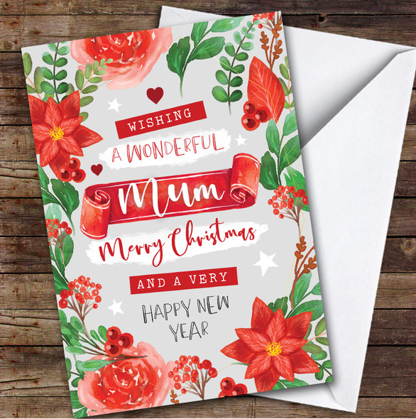 Mum Christmas Red Flowers Banner Floral Red Grey Personalised Christmas Card