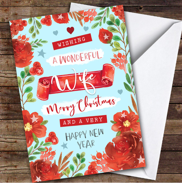 Wife Christmas Red Flowers Banner Romantic Blue Personalised Christmas Card