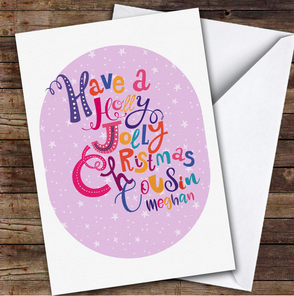 Pink Cousin Christmas Stars Fun Bright Letters Personalised Christmas Card
