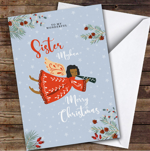 Wonderful Sister Merry Angel Holly Stars Red Personalised Christmas Card