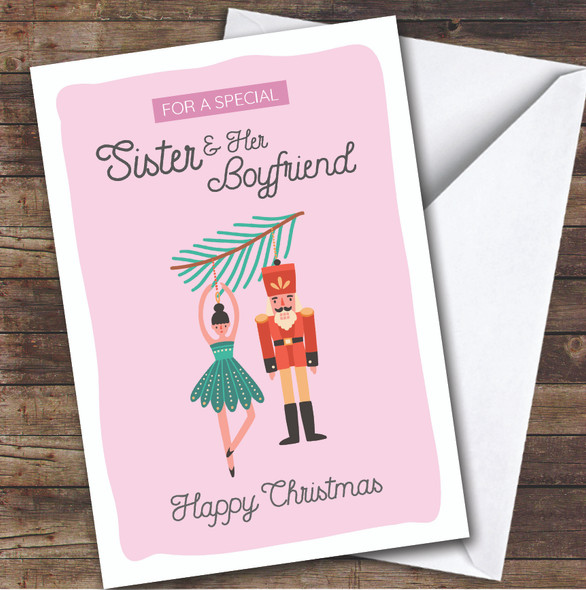 Sister and Her Boyfriend Fairy Nutcracker Pink Personalised Christmas Card