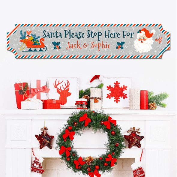 Grey Vintage Candy Cane Christmas Santa Please Stop Here Personalised Sign