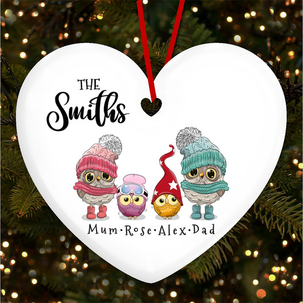 Family Name Owls Heart Bauble Personalised Christmas Tree Ornament Decoration