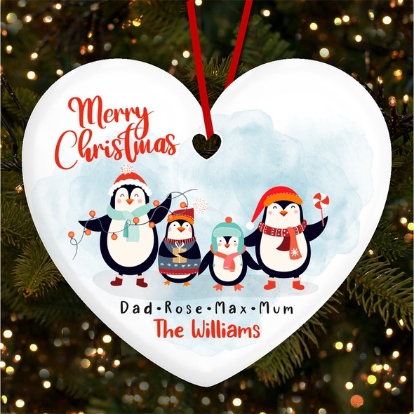 Family Name Penguin Heart Bauble Personalised Christmas Tree Ornament Decoration