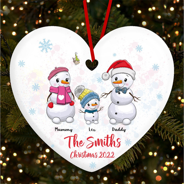 Family Name Snowman Heart Bauble Personalised Christmas Tree Ornament Decoration