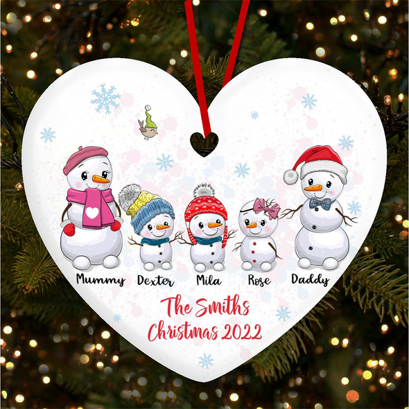 Snowman Family Names Snow Heart Personalised Christmas Tree Ornament Decoration