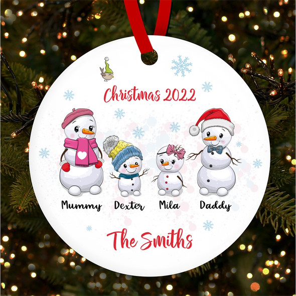 Snowman Family Of 4 Round Bauble Personalised Christmas Tree Ornament Decoration