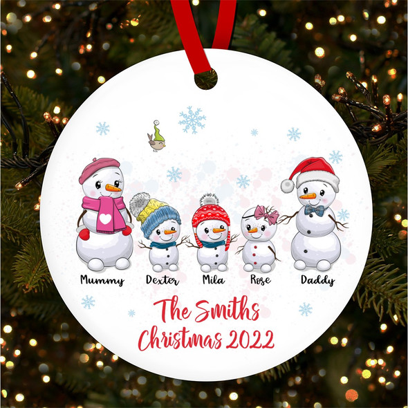 Snowman Family Of 5 Round Bauble Personalised Christmas Tree Ornament Decoration
