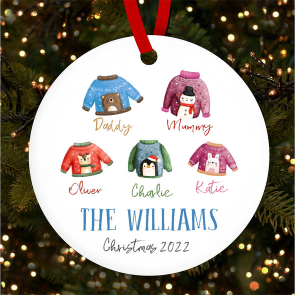 Family Festive Jumper Round Personalised Christmas Tree Ornament Decoration