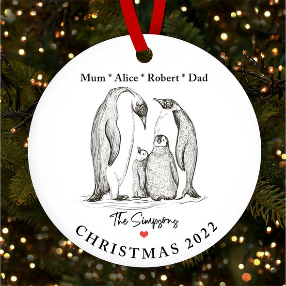 Family White Penguins Round Personalised Christmas Tree Ornament Decoration