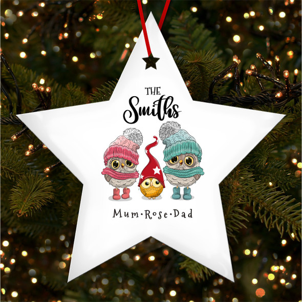 Family 3 Name Owls Star Bauble Personalised Christmas Tree Ornament Decoration