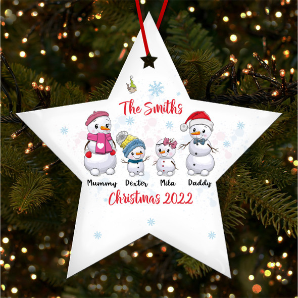 Snowman Family Of 4 Star Bauble Personalised Christmas Tree Ornament Decoration