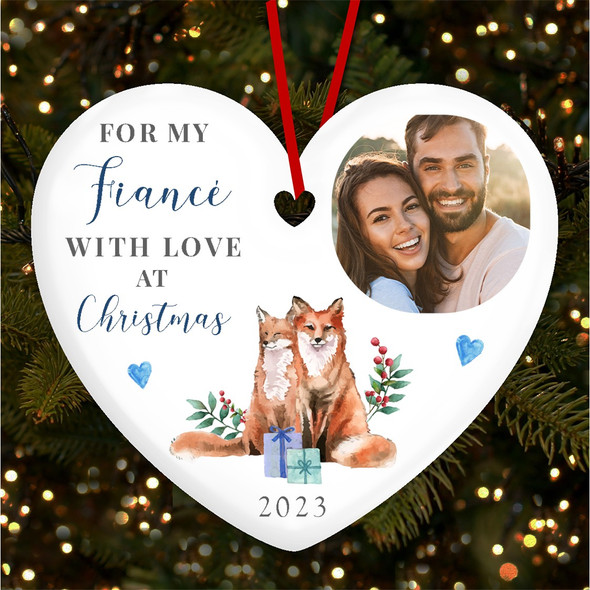 Fiancée Fox Couple Winter Photo Personalised Christmas Tree Ornament Decoration