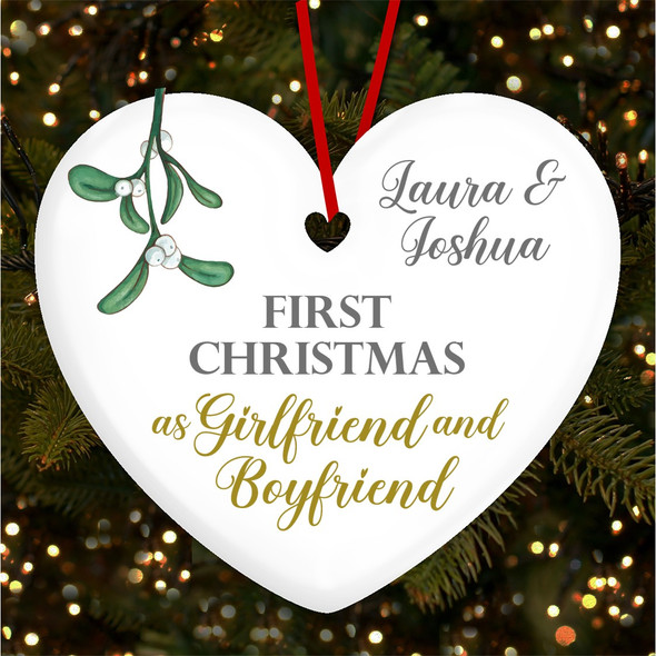 First As Couple Mistletoe Heart Personalised Christmas Tree Ornament Decoration