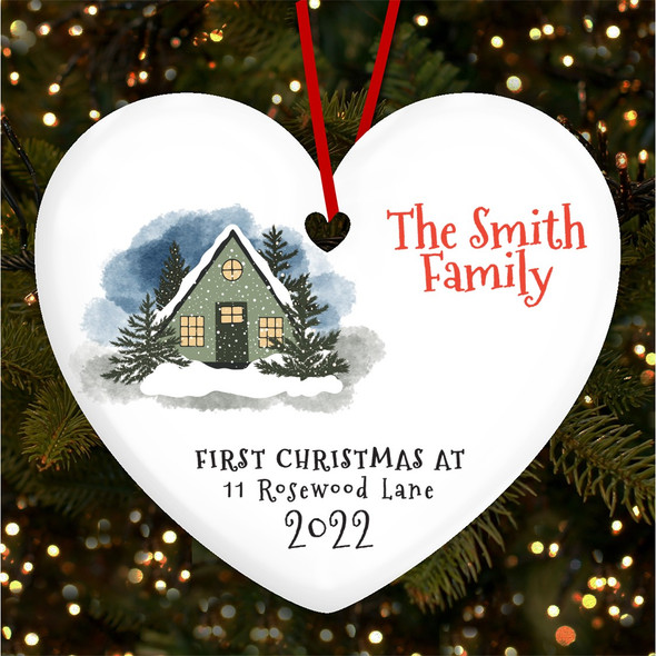 First At Home Snowy House Heart Personalised Christmas Tree Ornament Decoration