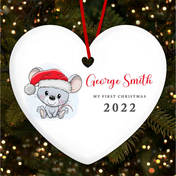 Mouse Santa Baby's 1st Heart Personalised Christmas Tree Ornament Decoration