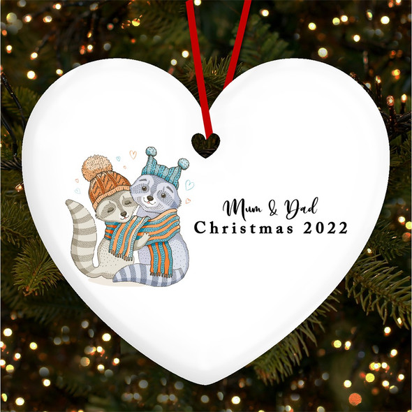 Mum Dad Raccoon Couple Heart Personalised Christmas Tree Ornament Decoration
