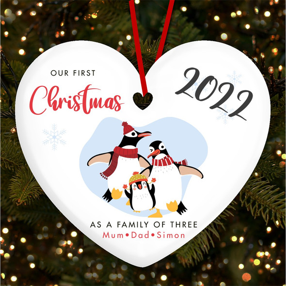 Our First As Family 3 Penguin Personalised Christmas Tree Ornament Decoration