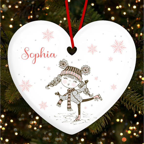 Pink Girl Skating Ice Heart Personalised Christmas Tree Ornament Decoration