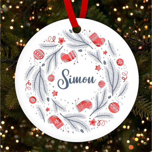 Any Name Blue Red Wreath Round Personalised Christmas Tree Ornament Decoration