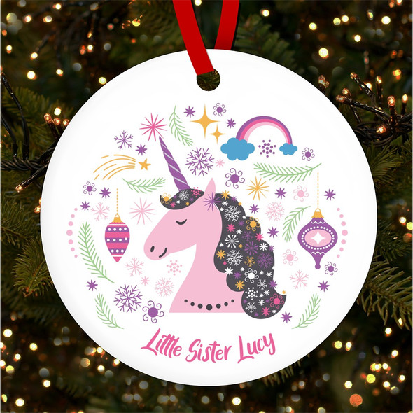 Sister Pink Unicorn Baubles Personalised Christmas Tree Ornament Decoration