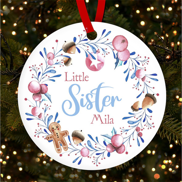 Little Sister Pink Winter Wreath Personalised Christmas Tree Ornament Decoration
