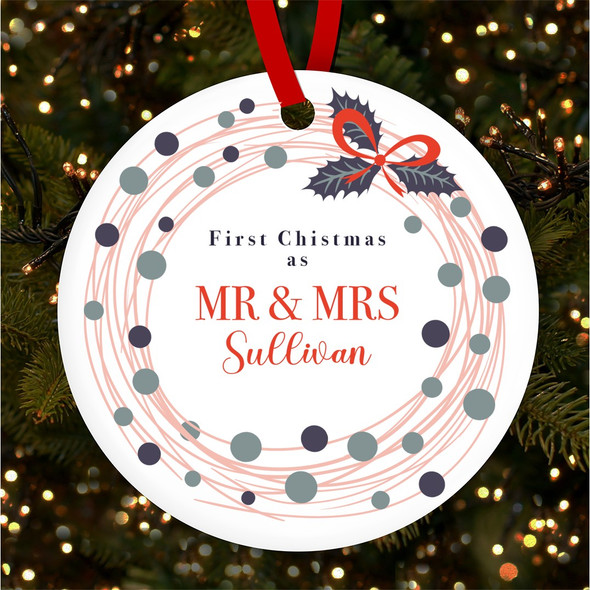 Mr & Mrs Peach Winter Wreath Personalised Christmas Tree Ornament Decoration