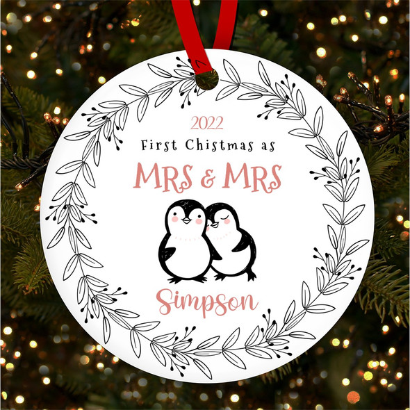 Mr & Mrs Penguin Couple Round Personalised Christmas Tree Ornament Decoration