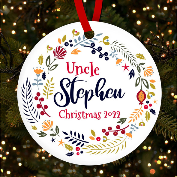 Uncle Winter Wreath Round Bauble Personalised Christmas Tree Ornament Decoration