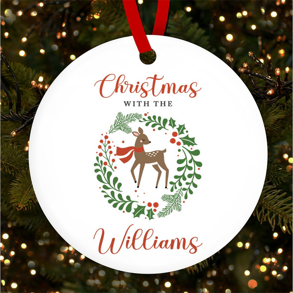 Wreath Reindeer Family Round Personalised Christmas Tree Ornament Decoration