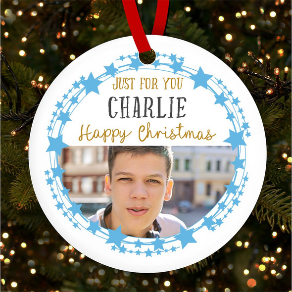 Blue Name Star Frame Photo Round Personalised Christmas Tree Ornament Decoration