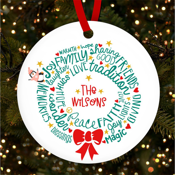 Family Words In Wreath Shape Personalised Christmas Tree Ornament Decoration