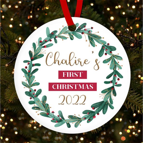First As Child Baby Wreath Round Personalised Christmas Tree Ornament Decoration