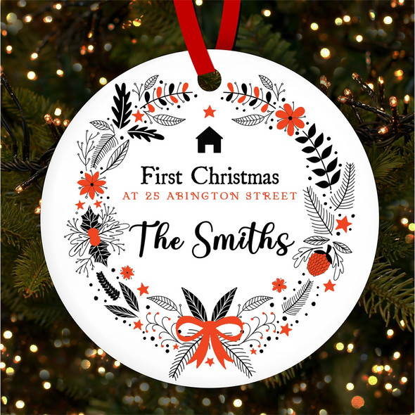 First Home Black Red Wreath Personalised Christmas Tree Ornament Decoration