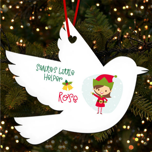 Brown Hair Girl Elf Robin Bauble Personalised Christmas Tree Ornament Decoration