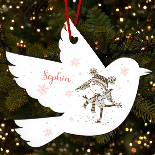 Pink Girl Skating Robin Bauble Personalised Christmas Tree Ornament Decoration