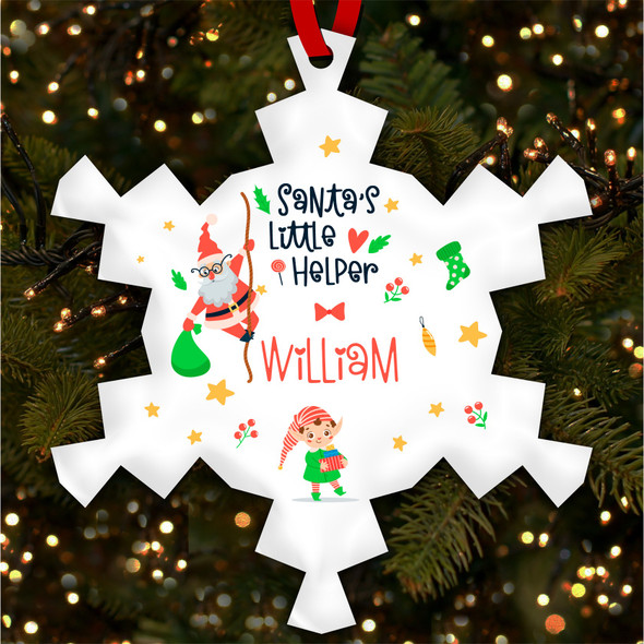 Boy Elf Santa's Snowflakes Personalised Christmas Tree Ornament Decoration