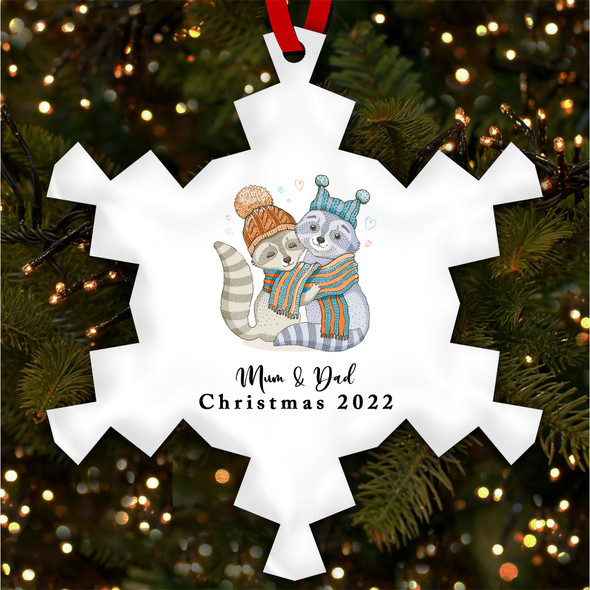 Mum Dad Raccoon Couple Snowflake Personalised Christmas Tree Ornament Decoration