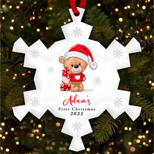 Teddy Bear Baby's 1st Snowflake Personalised Christmas Tree Ornament Decoration