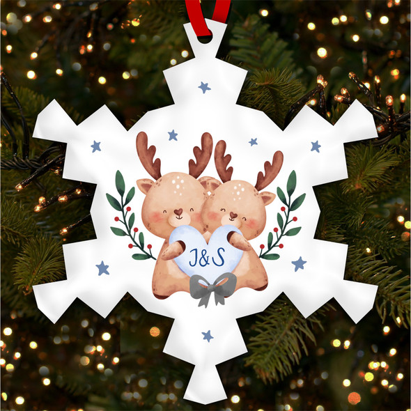 Couple Deer Initials Snowflake Personalised Christmas Tree Ornament Decoration