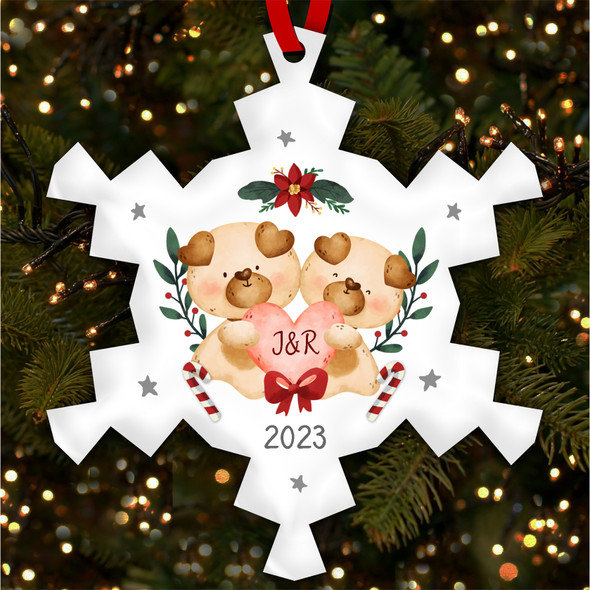 Couple Dog Initials Snowflake Personalised Christmas Tree Ornament Decoration