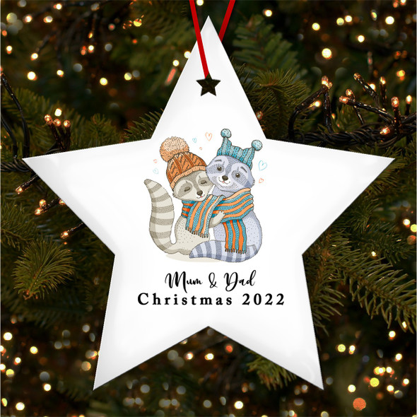 Mum Dad Raccoon Couple Star Personalised Christmas Tree Ornament Decoration