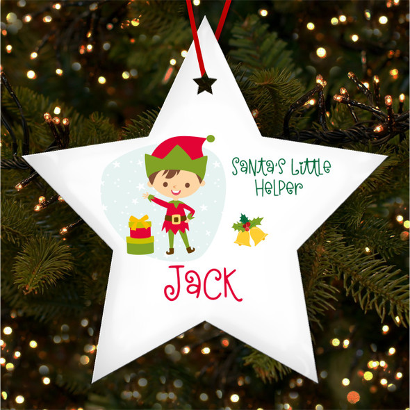 Brown Colour Hair Boy Elf Star Personalised Christmas Tree Ornament Decoration