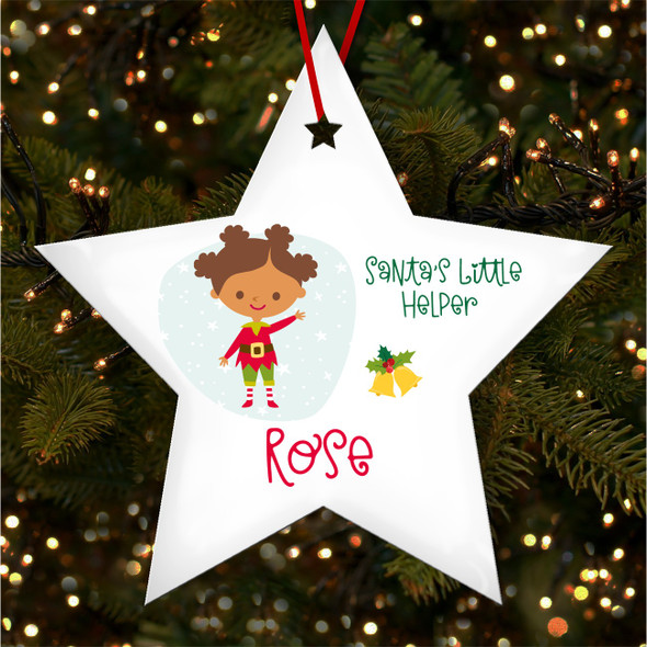 Dark Hair Girl Elf Bells Star Personalised Christmas Tree Ornament Decoration