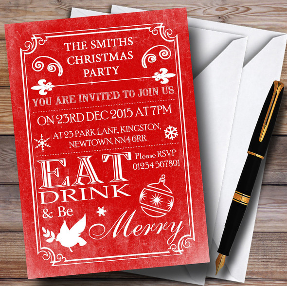 Old Vintage Eat Drink Be Merry Red Customised Christmas Party Invitations