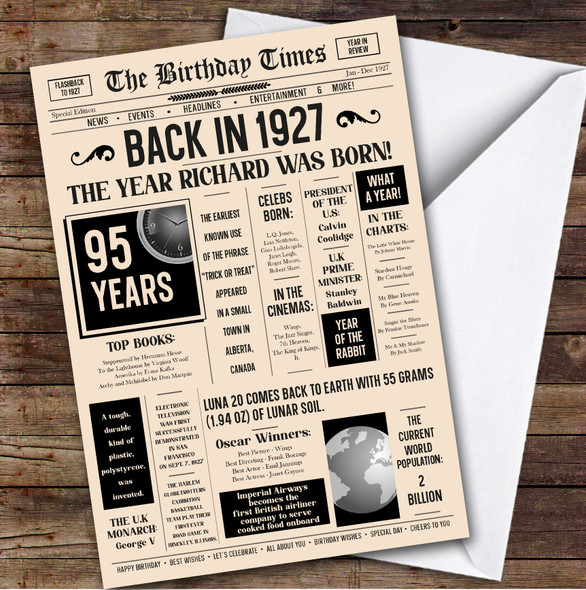 1927 Newspaper Any Age Any Year You Were Born Facts Personalised Birthday Card