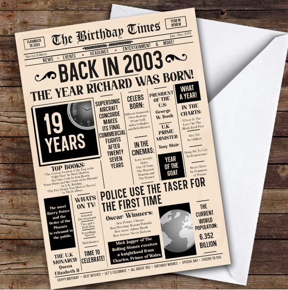 2003 Newspaper Any Age Any Year You Were Born Facts Personalised Birthday Card