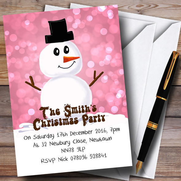 Pink Cute Snowman Customised Christmas Party Invitations